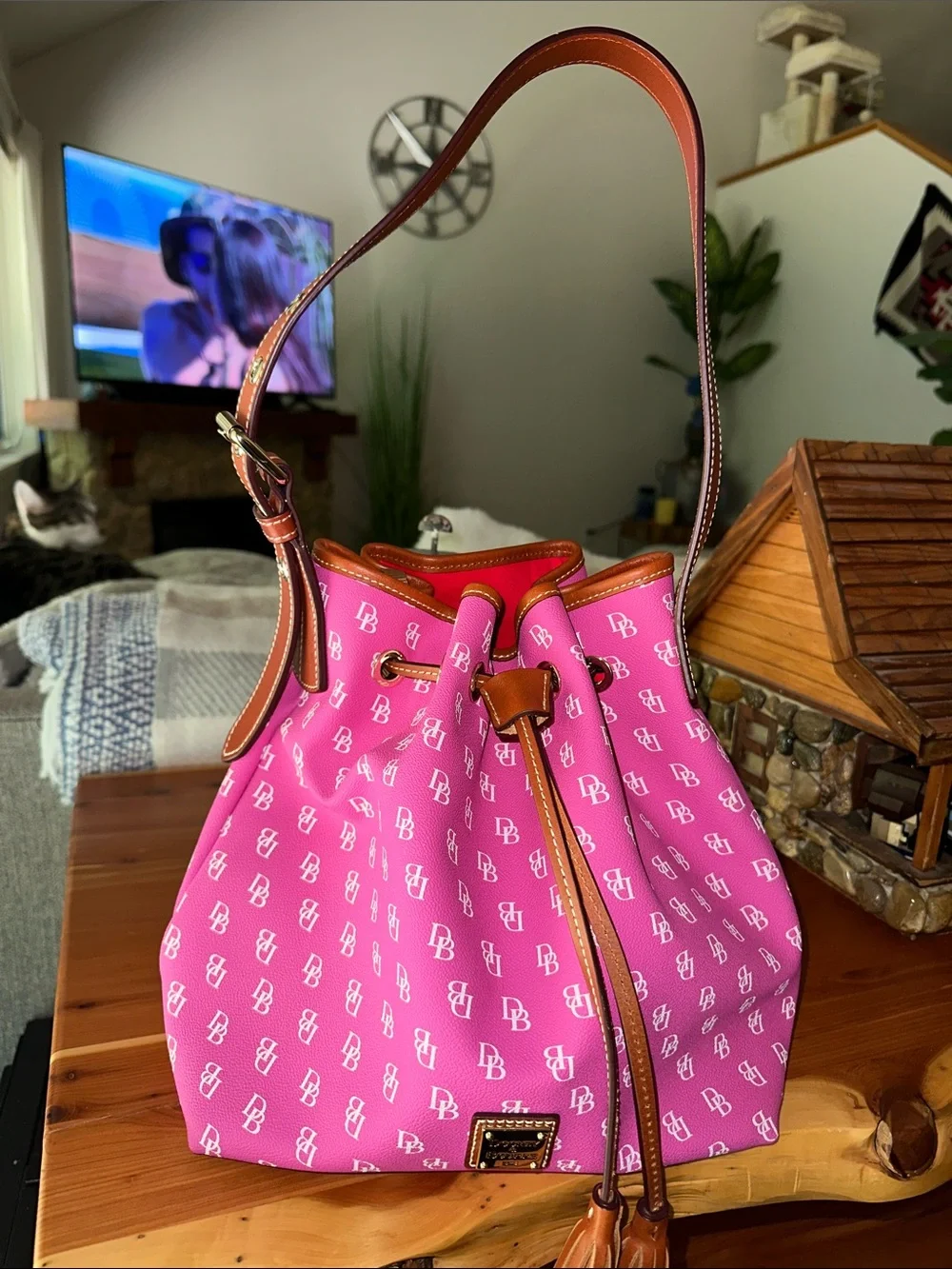 Dooney & Bourke Hot Pink Logo Drawstring Hobo with Tan Trim